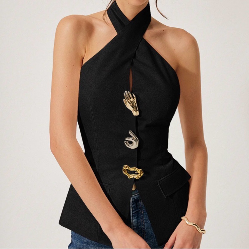 Commense Black Halter Blouse with Gold Details